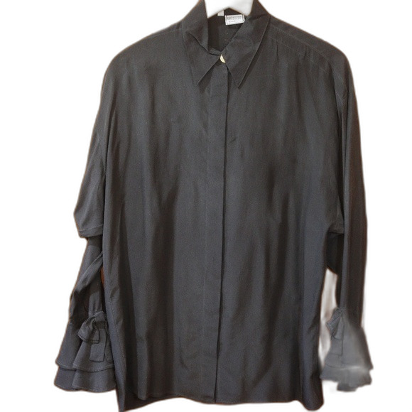 Versus Gianni Versace Black Ruffle Belle Sleeve Vintage Button Down Shirt 44 - Picture 1 of 9